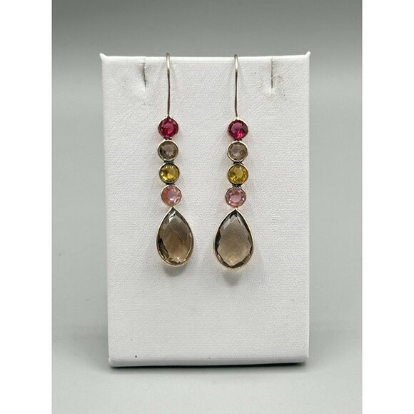 Sterling Silver Dangles Earrings Colorful Open Back Bezel Set Pastel Gemstones - Picture 3 of 7